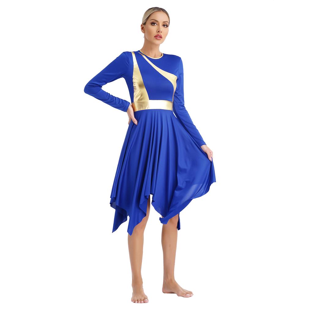 Женское литургическое танцевальное платье Металлический неровный подол Круглый вырез Длинный рукав Одежда для выступлений