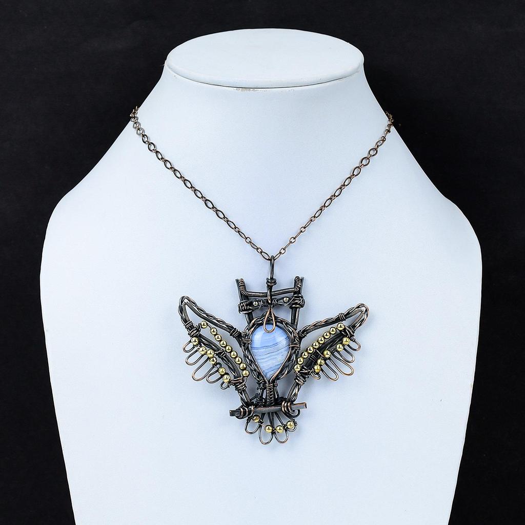 Подвеска из голубого кружевного агата, подвеска из драгоценного камня, подвеска из медной проволоки, подвеска ручной работы в виде совы, медное ювелирное украшение в подарок для нее, подвеска последнего дизайна