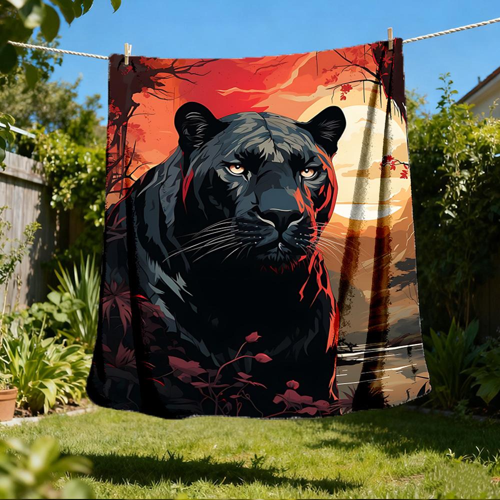 1pc Panther Sunset Jungle Throw Blanket Polyester Fiber, Lightweight Flannel, Soft & Warm, All Season Use for Outdoor, Camping Digital Print
