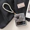 Woman Cute Flower Luxury Houndstooth Pu Leather Phone Case For Samsung Galaxy Z Flip 3 5g Cover With Portable Pearl Bracelet