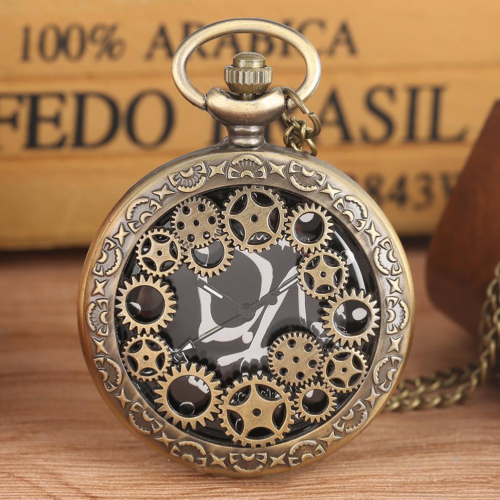 Antique Copper Steampunk Vintage Hollow Bronze Gear Hollow Quartz Pocket Watch Necklace Pendant Clock Chain Men's Women Gift