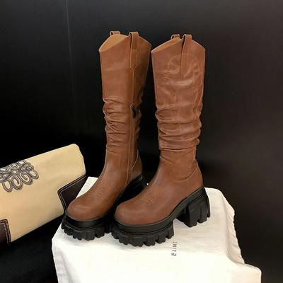 Модные женские ботфорты до колена на толстом каблуке с вышивкой и плиссировкой, с круглым носком, в стиле ретро, осенне-зимние, на наборном каблуке, ботинки рыцаря, ковбойские ботинки в западном стиле