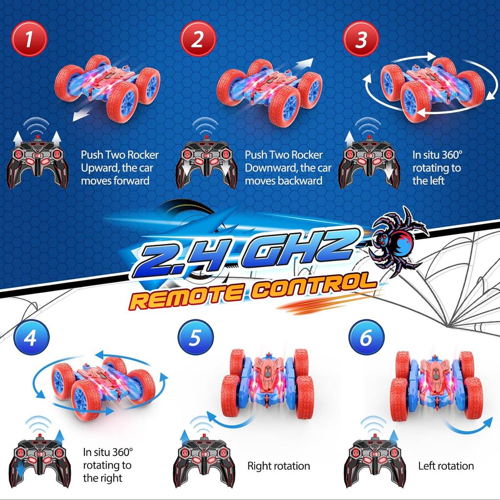 Автомобиль с дистанционным управлением, светодиодными фонарями, аккумуляторами 2x1200 мАч, вращением на 360 градусов, двусторонним трюком при вождении, ударопрочностью и защитой от падения.