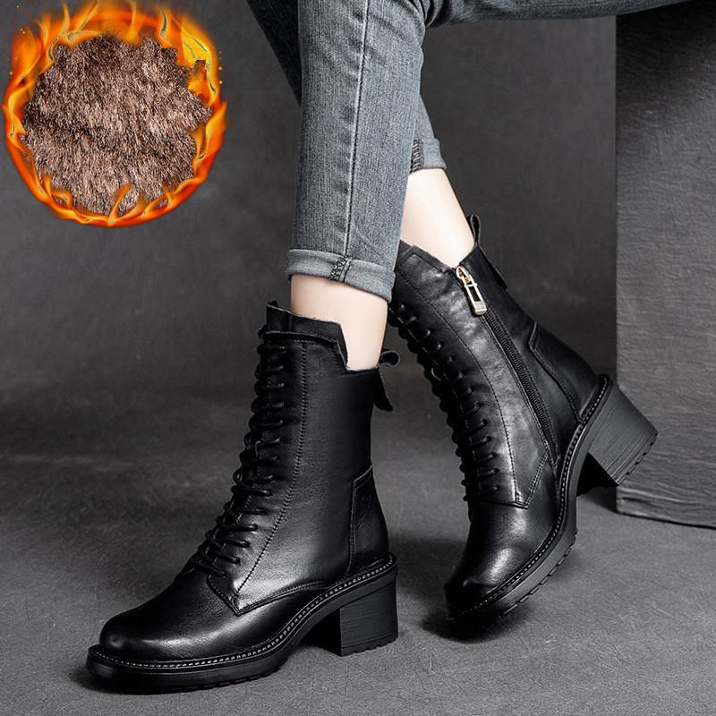 Winter Boots Genuine Leather Women Shoes Plush Warm Round Toe Handmade Zip Leisure Sewing Platform Boots