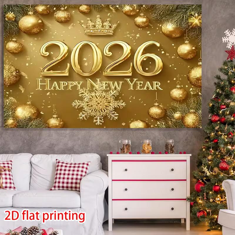 2D Gold 2026 Happy New Year Banner Backdrop Christmas Ornament New Year Eve Party Decor Background