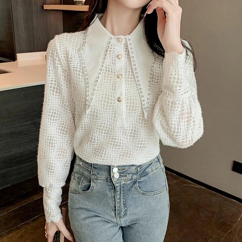 Осенние простые белые топы с бисером, ажурная кружевная рубашка, модная блузка с длинными рукавами и фонариком, элегантная одежда, темперамент, Blusas 29530