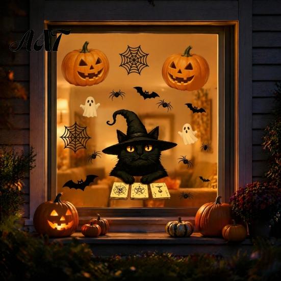 Easy Apply Window Clings Cute Black Cat Halloween Clings, Pumpkin Ghost Bat Spider Decals Decals, Non-Adhesive Glass Stickers for Door Party