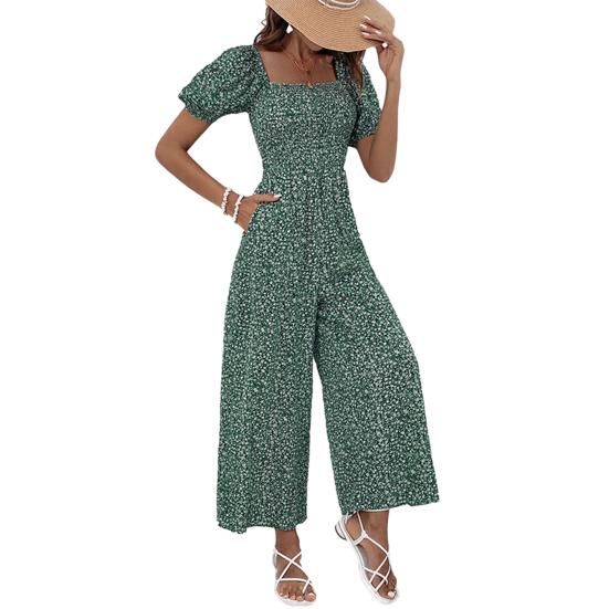 Женский комбинезон с квадратным вырезом и цветочным принтом, короткие рукава, широкие брюки, летний комбинезон