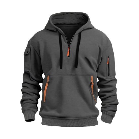 Men Fall Winter Hoodie Solid Color Drawstring Long Sleeves Half Zipper Arm Pocket Strap Decor Hooded Loose Daily Wear Casual Sport Top