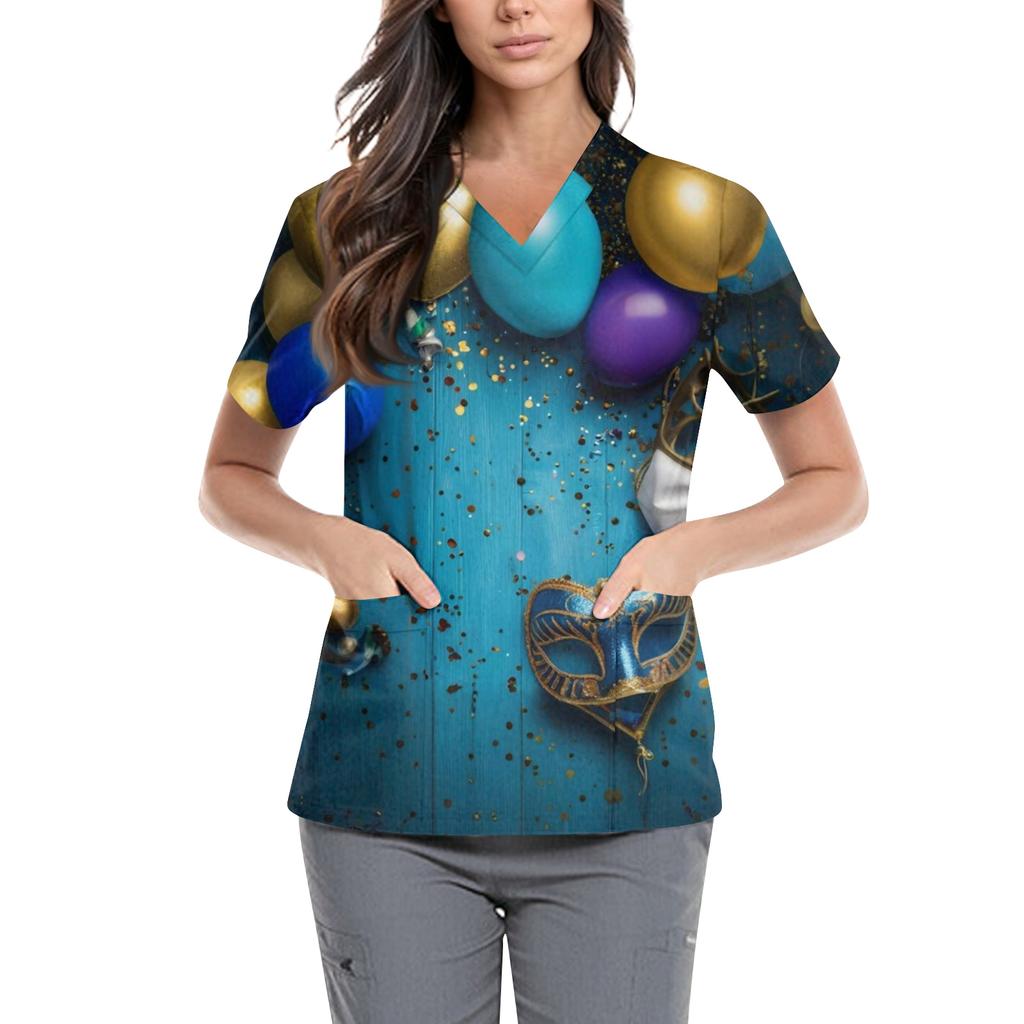 Women's Carnival Themed Outfit Party Mask Pattern Caregiver Top
