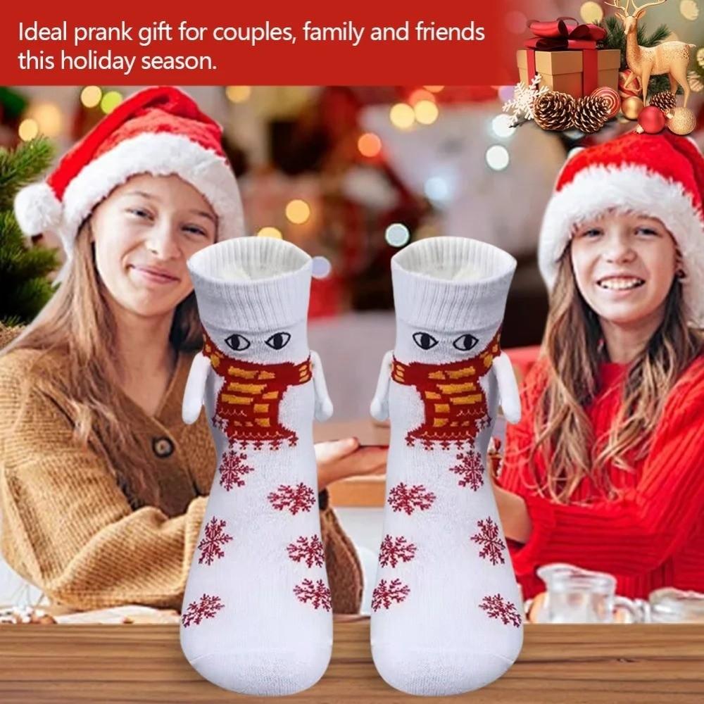 Cartoon Funny Xmas Sock Warm Mid-calf Socks Gifts Magnetic Holding Hands Socks For Women Men