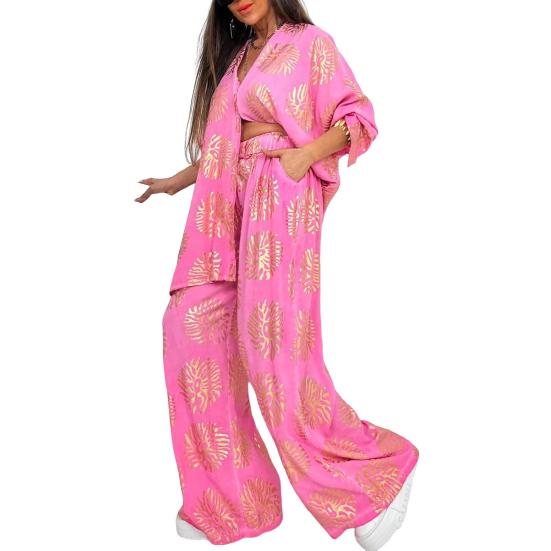 Женские костюмы-двойки с крупным принтом, рубашка на пуговицах с длинным рукавом, брюки с широкими штанинами на резинке, повседневный костюм для отдыха