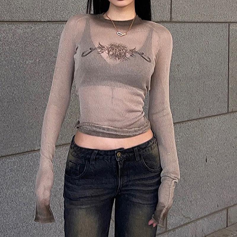 Киберготическая сетчатая прозрачная футболка Techwear, модная уличная одежда Y2k, укороченные топы с длинными рукавами, облегающий женский сексуальный наряд