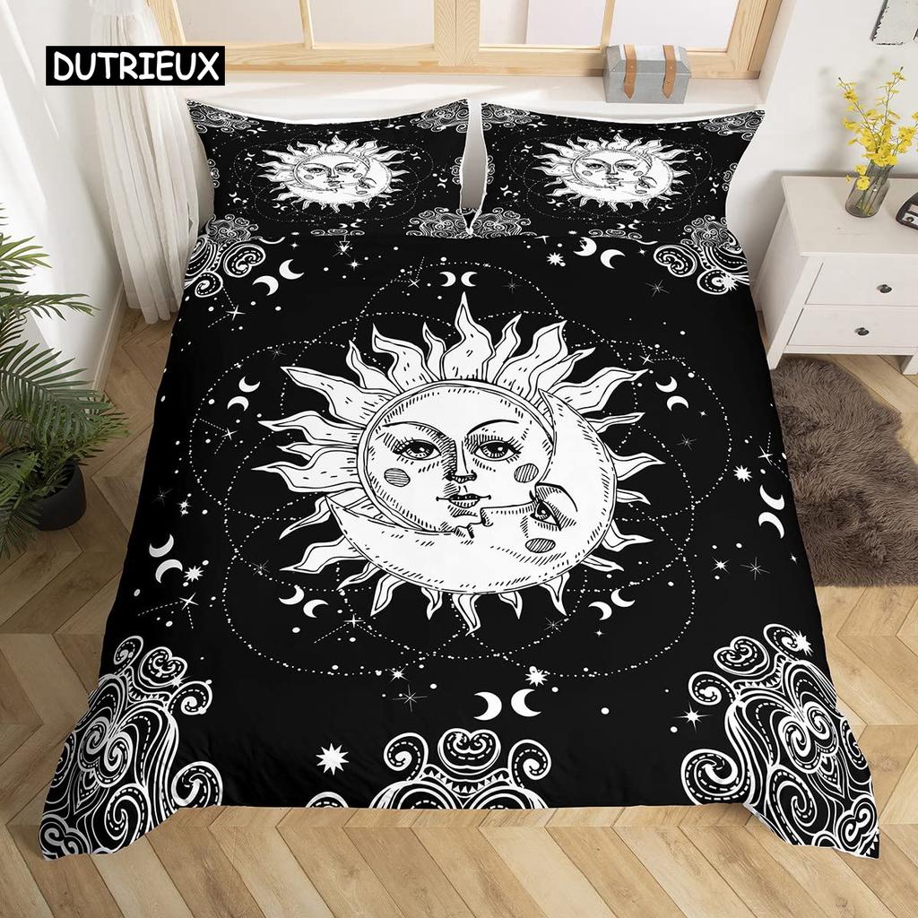 Комплект постельного белья Mandala с завязками на постельном белье Sun and Moon в экзотическом стиле, черно-белый, с ботаническим и цветочным узором, из полиэстера
