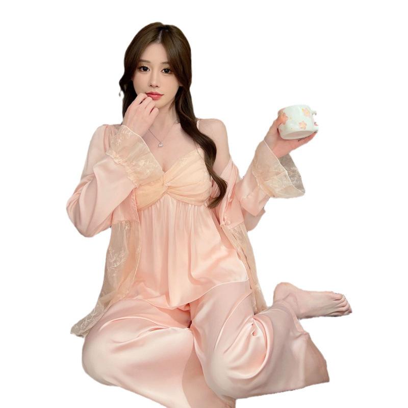 Sleepwear Women's Ice Silk 1011 Spring and Autumn New Pure Style Sexy French Strap Long Pants Thin Loungewear Three-Piece Set