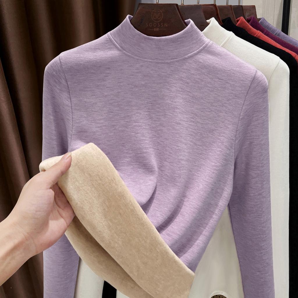 Autumn and Winter Women's Clothing Containing Wool and Silk Bottoming Shirt Women's Inner Heating Fleece Warm Turtleneck Top with Fleece and Thicker