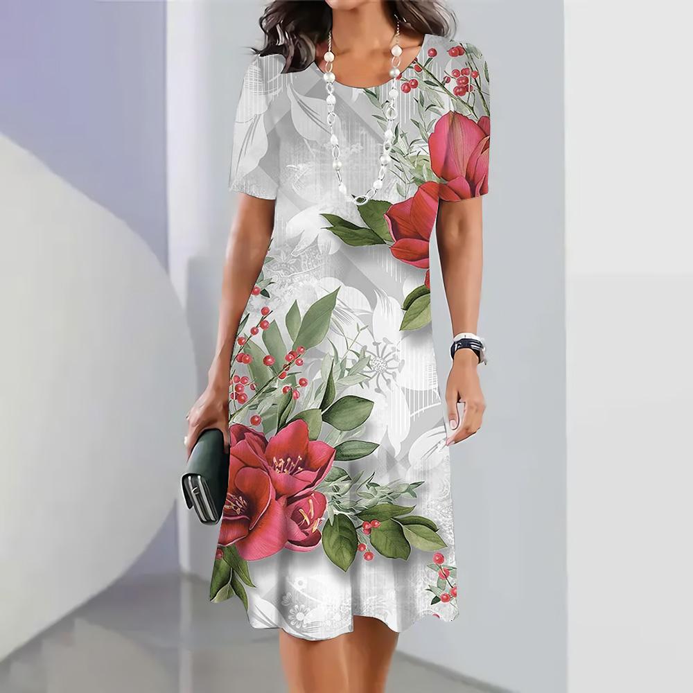 Элегантное свободное женское платье с принтом листьев 3D, платье с коротким рукавом, круглый вырез, юбка А-силуэта, летняя повседневная удобная уличная одежда