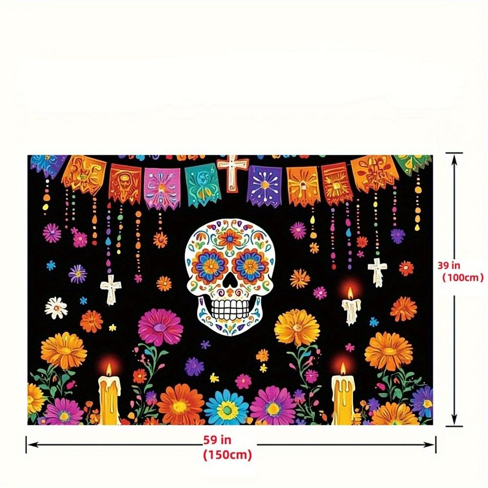 A day of dead sugar skull polyester background - vibrant floral design and cross, Mexican party decoration