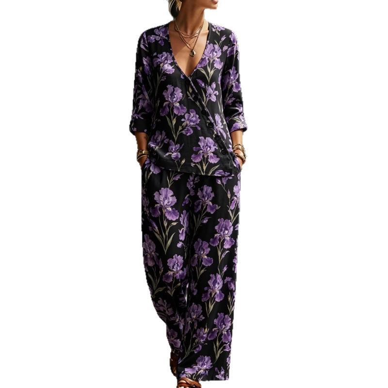New plant branch and leaf print V-neck diagonal shirt wide-leg pants women's casual two-piece set