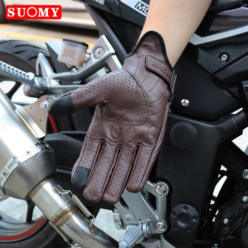 SUOMY Genuine Leather Motorcycle Riding Gloves With Touchscreen Fingers Breathable Perforated Design Men Women