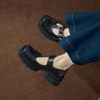 Туфли Мэри Джейн из овчины на толстой подошве и толстом каблуке, весна 2025, новые, британские, с квадратным носком, на толстом каблуке, водонепроницаемая платформа, натуральная кожа, с открытым верхом, си