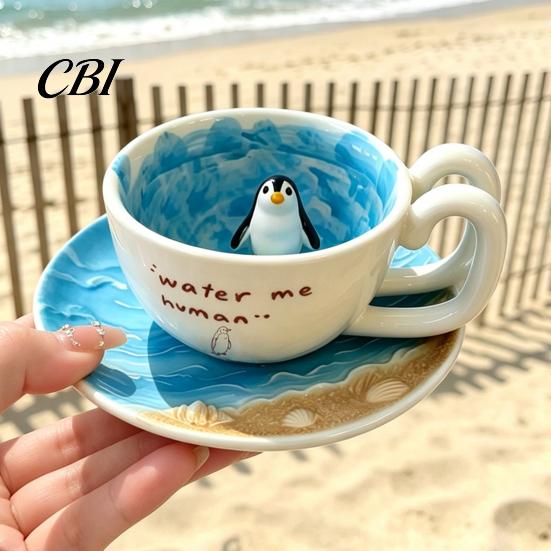 Handcrafted Pottery Mug for Home Cute Ceramic with 3D Seal/Penguin Figurine Inside, Blue Ocean Unique Animal Gift Seal Lovers Themed Coffee
