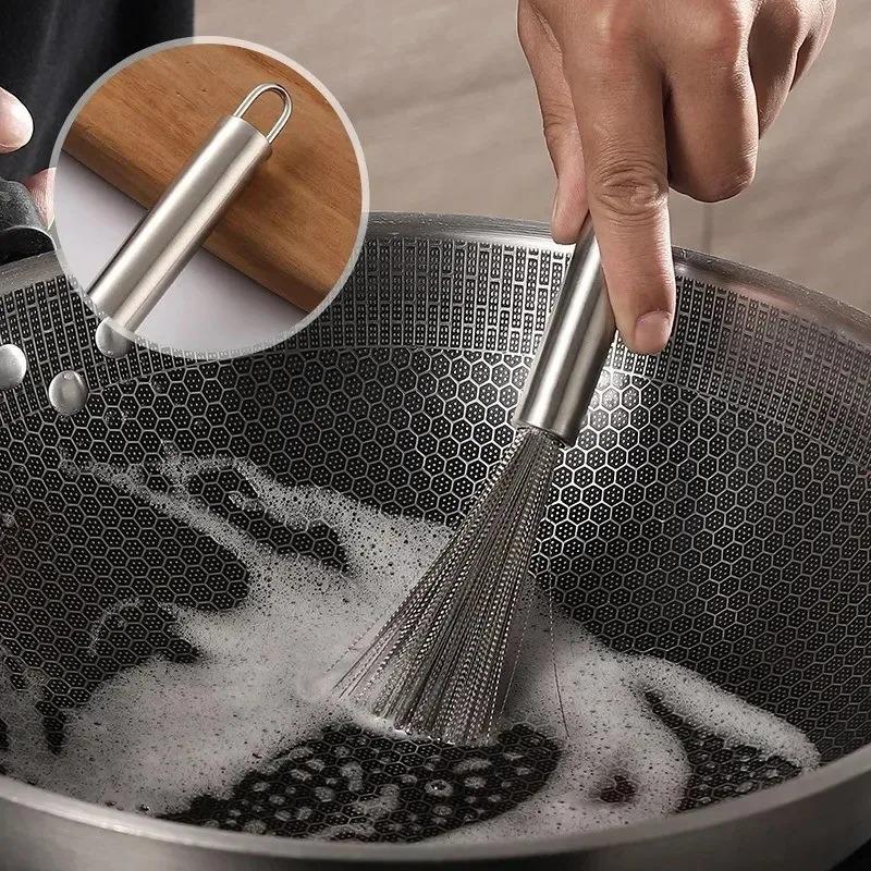 Long Handle Pot Brush Kitchen Pan Pot Dishes Cleaning Brush Steel Wire Metal Wool Scourer Strong Decontamination Cleaning Brush