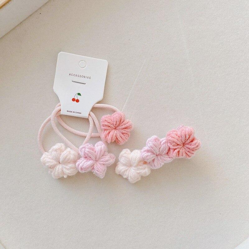 Cute Floral Hair Pin Elastic Hair Bands Handmade Woolen Knitting Hair Clips Barrettes for Children Girls Kids Hair Accessories