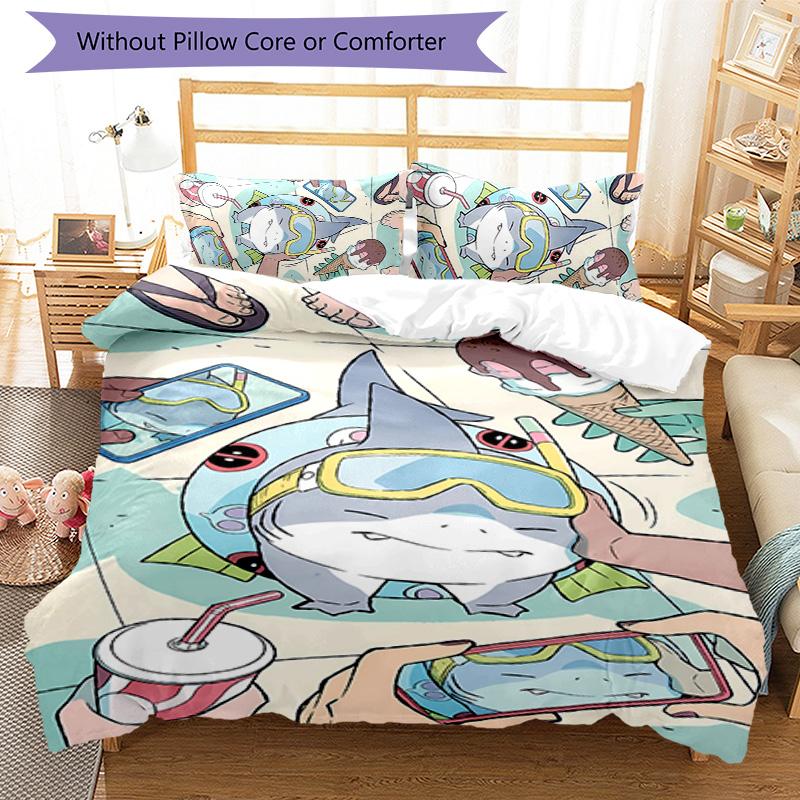 3pcs Jeff the Land Shark pattern bedding set duvet cover set includes duvet cover &pillowcases, perfect all season bedroom decoration & gift