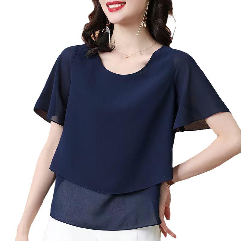 Женская шифоновая блузка с коротким рукавом, состоящая из двух частей, большого размера - Мода 2024 для мам среднего возраста