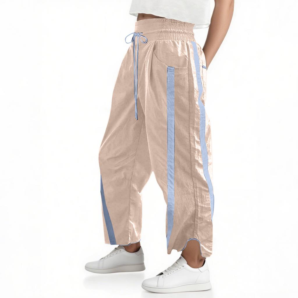Women's Baggy Wide Leg Pants Casual Drawstring Elastic Waisted Contrast Color Workout  Track Pants