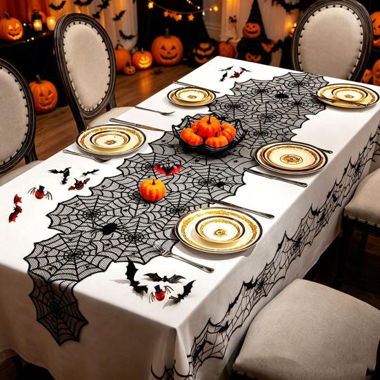 Halloween Table Runner, 18 x 72 Inch Gothic Black Lace Spider Web Table Runner for Kitchen Dinner Table Centerpiece, Halloween Party Decoration