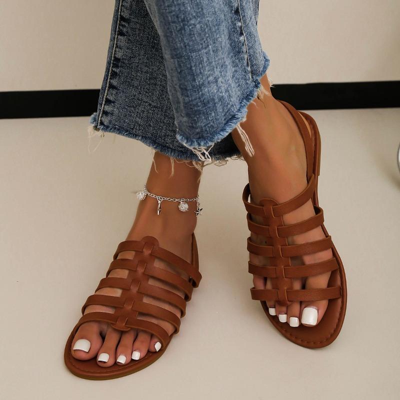 2024 Новые летние женские туфли, модные, с открытым носком, однотонные, повседневные, большого размера, с одной пряжкой, римские женские сандалии на плоской подошве