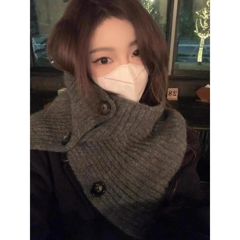 Twist Button Warm Winter Scarf for Women All Match Casual Neck Scarf for Cycling Cold Protection Neck Protection Warm Knitted Scarf Korea