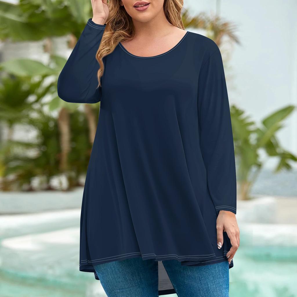 Женская мода большого размера с круглым вырезом и длинным рукавом, повседневный однотонный свободный пуловер