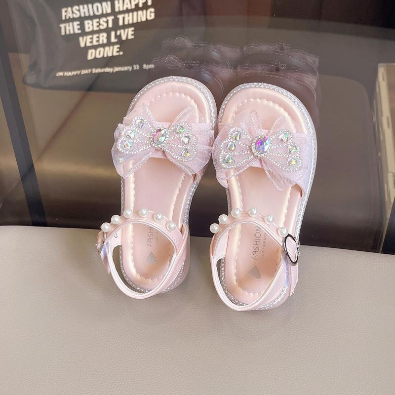 Girls Summer School Sandals Fashion Rhinestone Bowtie Children Flat Sandals New Kids Non-slip Open-toe Pearl Sandals Soft Bottom