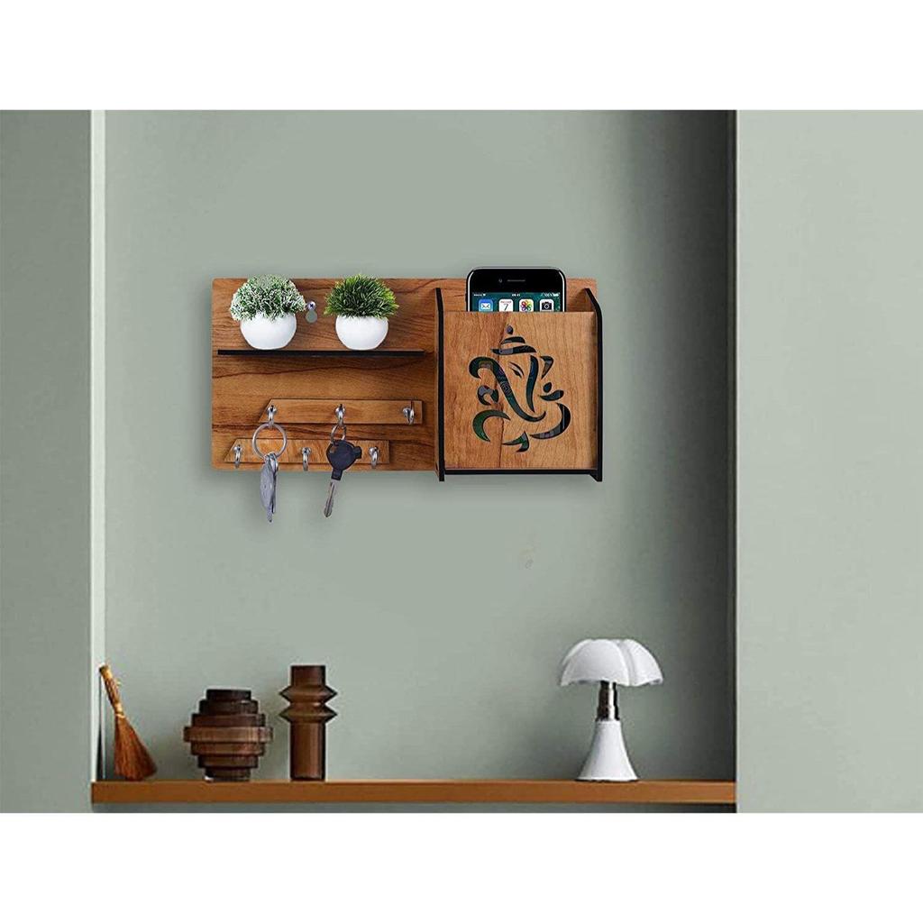 Многоцелевой деревянный держатель ключей Ганеша с мобильной подставкой и настенной полкой, 6 крючков для ключей, упаковка из 1 шт., деревянный