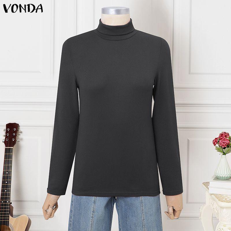 VONDA Женские повседневные топы-блузки с высоким воротником и длинным рукавом, прилегающие, теплые, майки