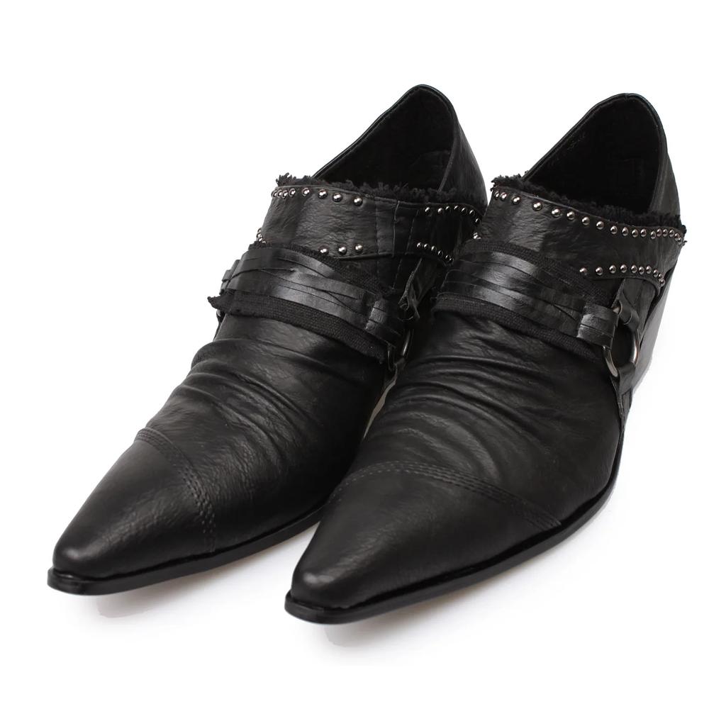 Punk Style Rivet Belt Buckle Decor Loafers for Men Pointed Toe Chunky Heel Shallow Slip-On Oxfords Male Party Dress Derby Shoes