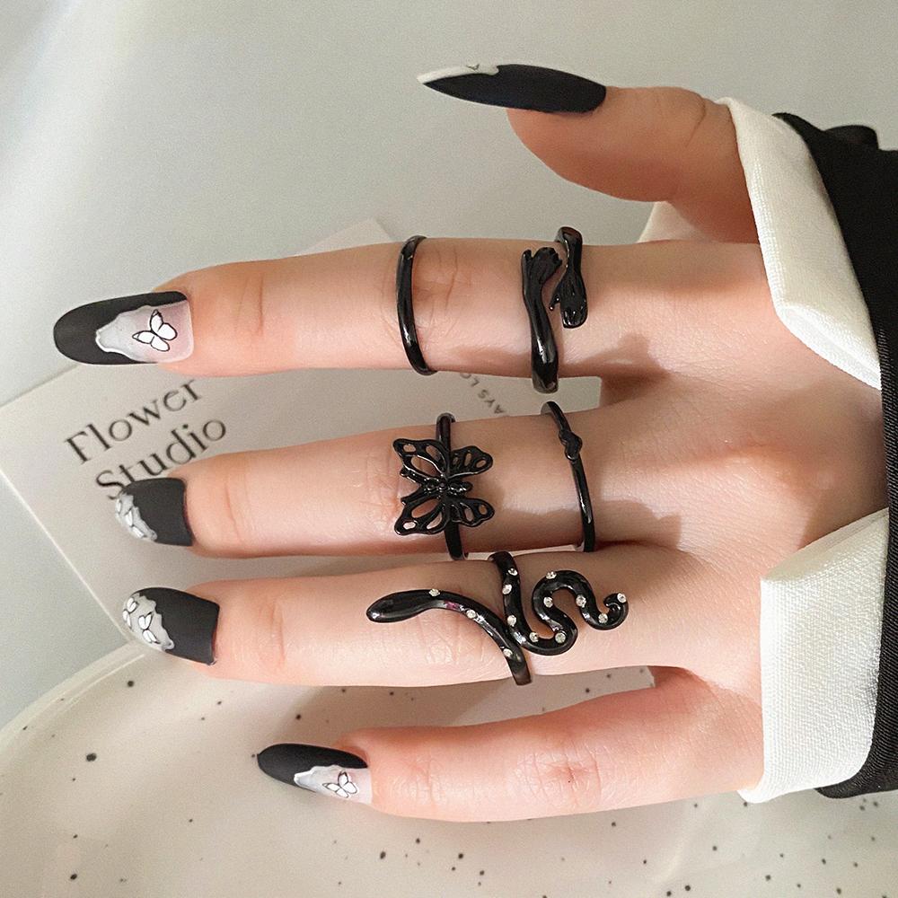Черный темпераментный гламурный комплект колец, обнимающее открытое кольцо, кольцо с бриллиантами в виде бабочки, змеи, комплект из 5 предметов для девочек, элегантные ювелирные изделия