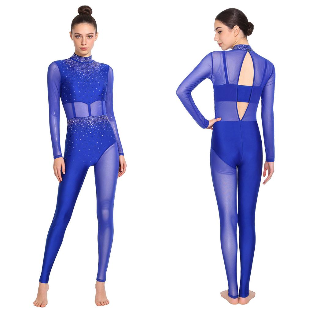 Блестящий комбинезон с полным покрытием для сцены S-XXL: Женская одежда для выступлений с прозрачными сетчатыми вставками и деталью на спине