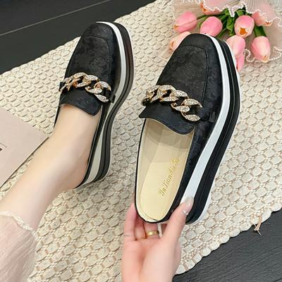 Туфли-мюли с кристаллами и цепочкой на платформе, женские, 2024 г., новые повседневные туфли без застежек на толстой подошве, женские, разноцветные, толстые, подошва-мюли, тапочки