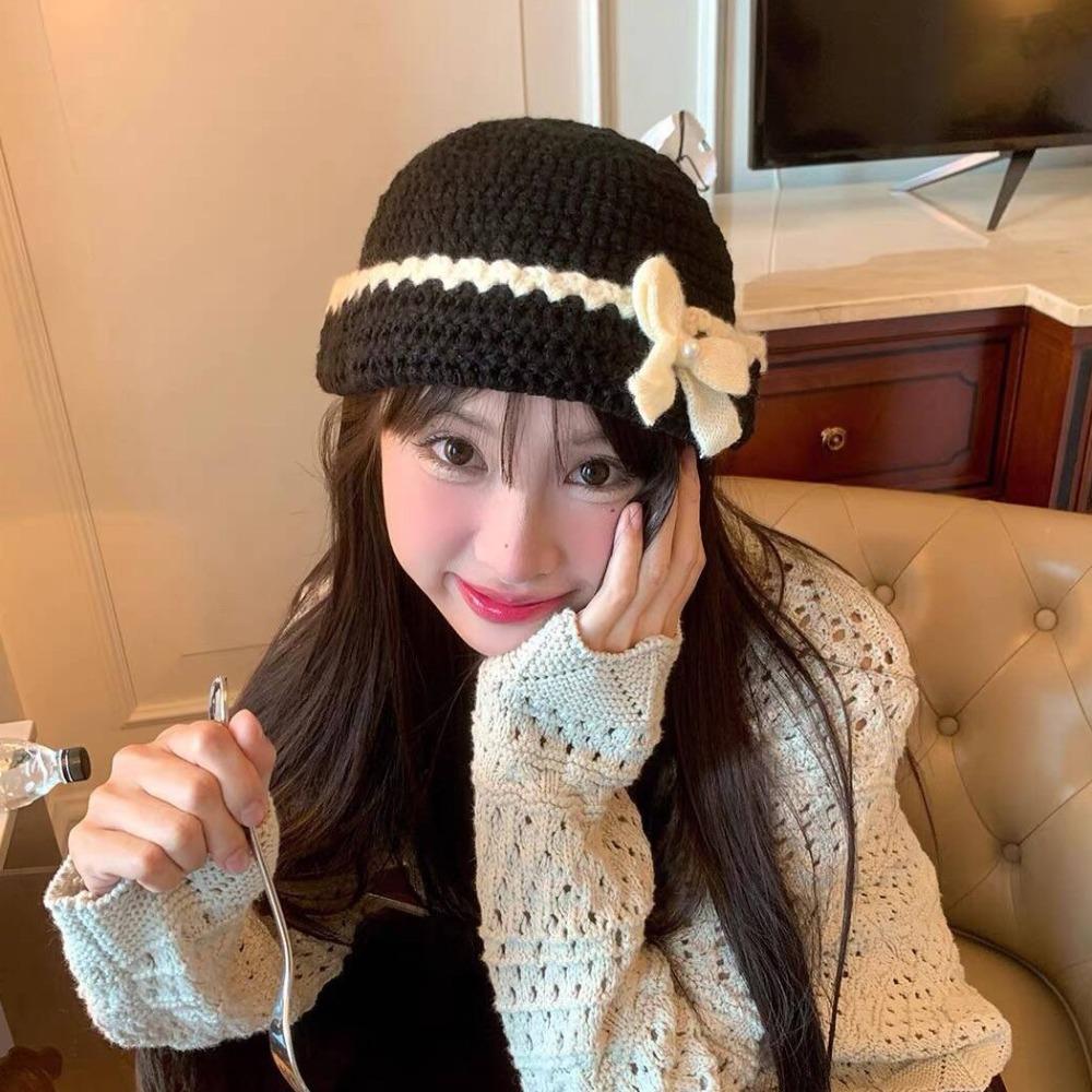 Hollow Out Flower Weave Cap Korean Style Bowknot Beanies Hat Crochet Flower Knitted Hat Girls