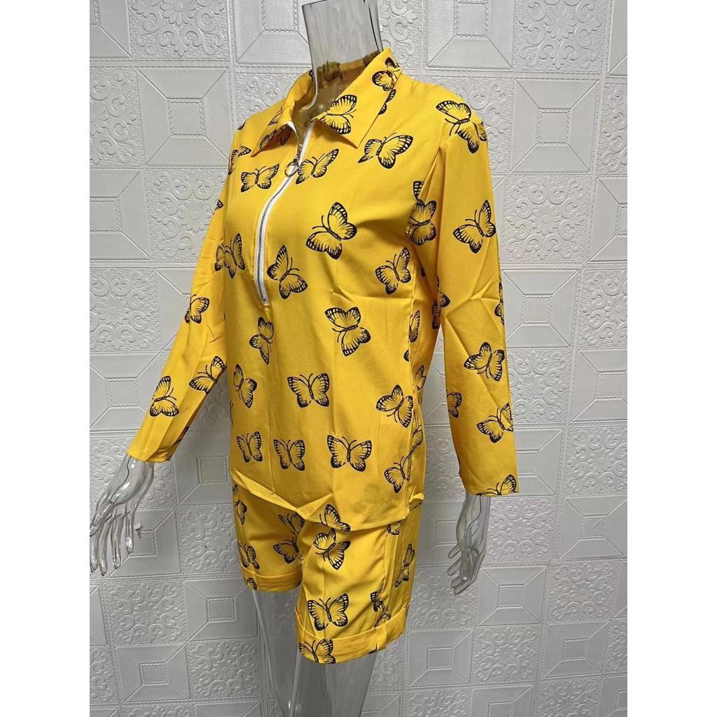 Summer Lapel Set Longsleeved Womens Printed Zipper Shirt Shorts Twopiece Set Clothes Sale