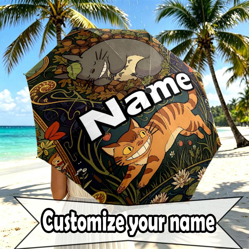 Custom Name Personalized My Neighbor Totoro Print Umbrella, Auto Open Close, 8‑Rib Sturdy Frame, Commute Camping Hiking Use, Birthday Gift