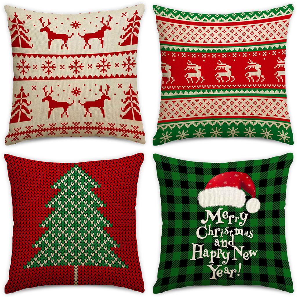 4Pcs Christmas Pillow Cover,Sofa Decorative Pillowcase,Snowman Christmas Tree Decorative Cushion Cover(Without Pillow Core)