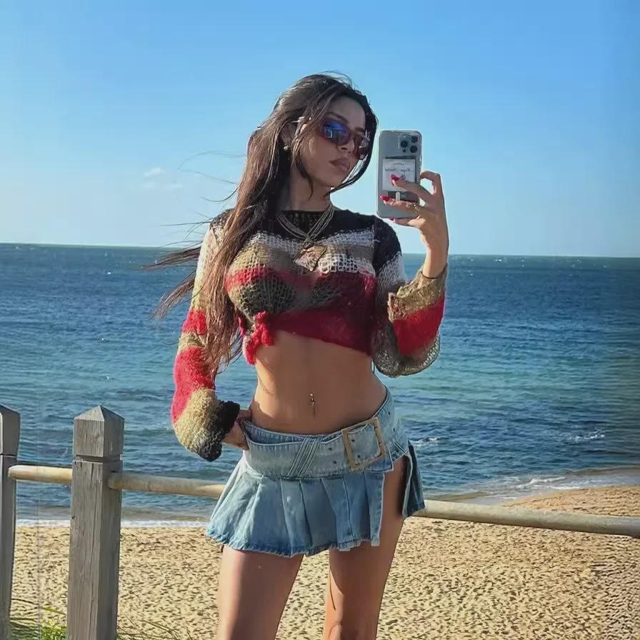 Women's Sexy Low-Waist Split Belt Denim Pleated A-line Mini Skirt