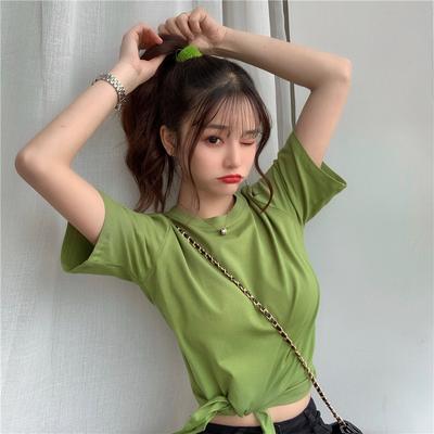 Новая летняя корейская модная короткая футболка с высокой талией в стиле Hyuna с короткими рукавами, однотонная футболка с аккуратным дизайном для женщин