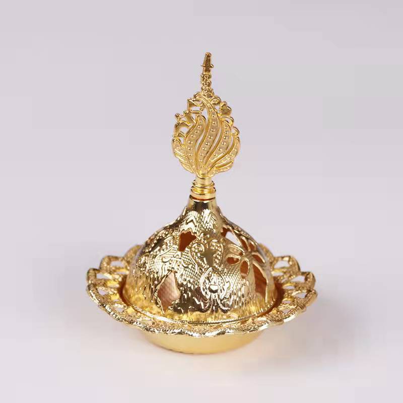 Golden Middle Eastern Arabic Incense Burner with Intricate Hollow-Out Design — Metal Aromatherapy Incense Burner for Cone Incens