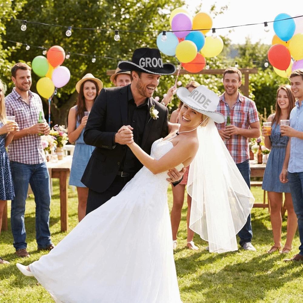 Wide Brim Bride White Cowboy Veil Hat Non-woven Fabric Cowboy Pearl Bride Hat Bridal Showers
